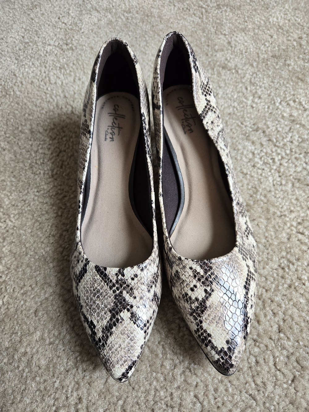 Clarks Neutral Snakeskin Pointed-Toe Short Heels